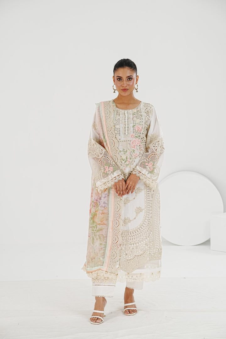Embroidered Lawn Off White Stitched Suit - Maria B