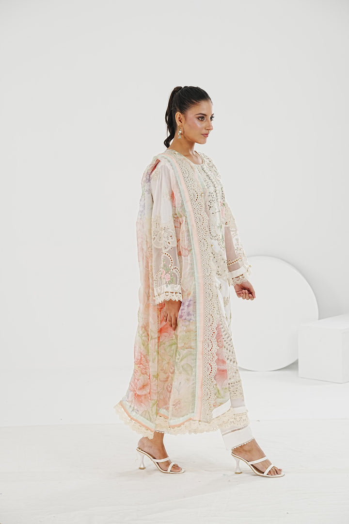 Embroidered Lawn Off White Stitched Suit - Maria B