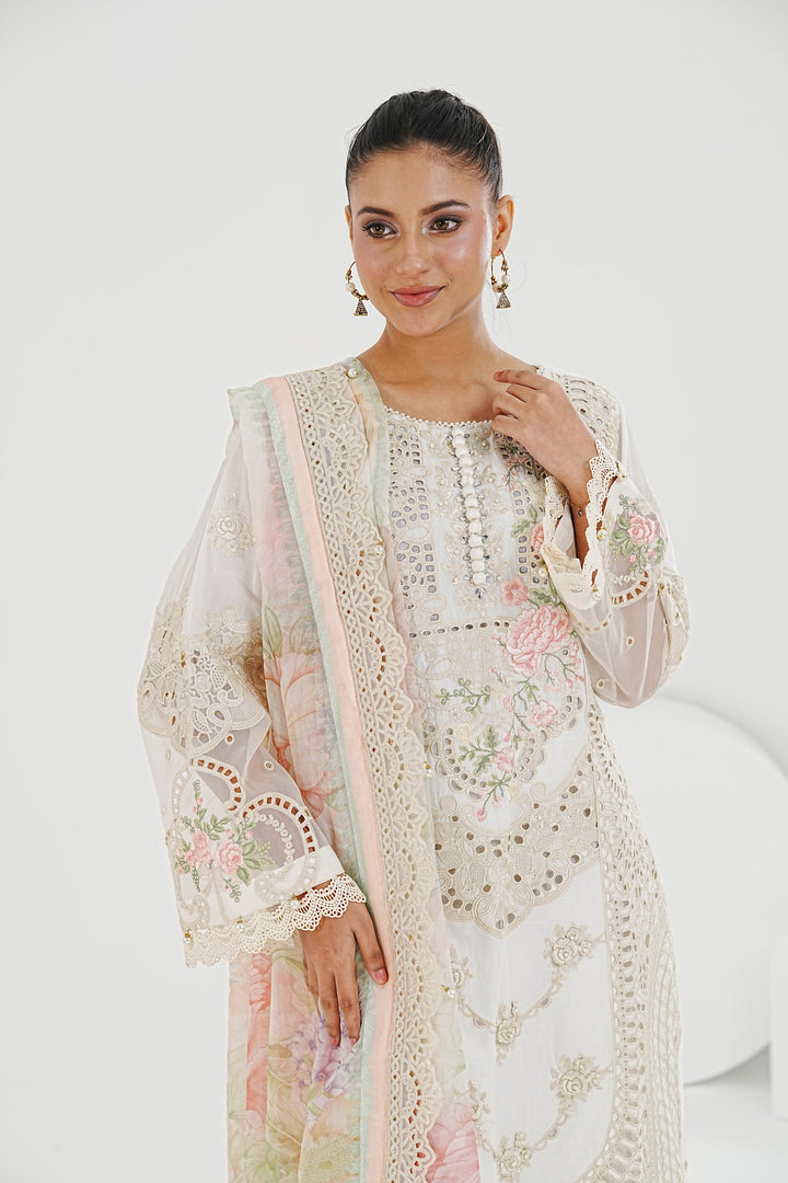Embroidered Lawn Off White Stitched Suit - Maria B