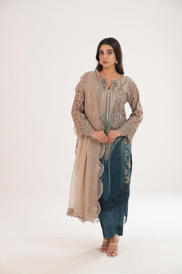 Embroidered Lawn Beige Stitched Suit - Maria B