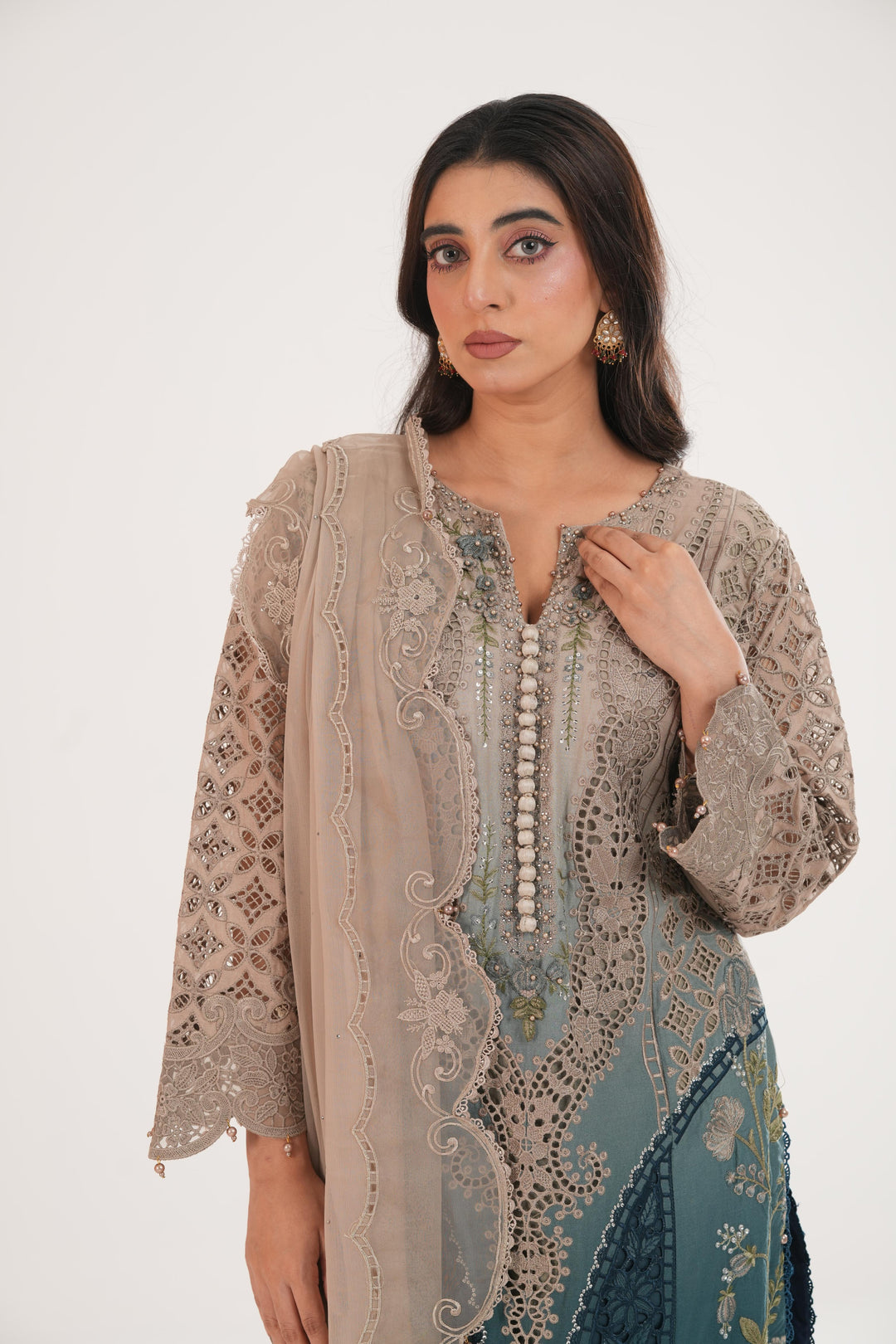 Embroidered Lawn Beige Stitched Suit - Maria B