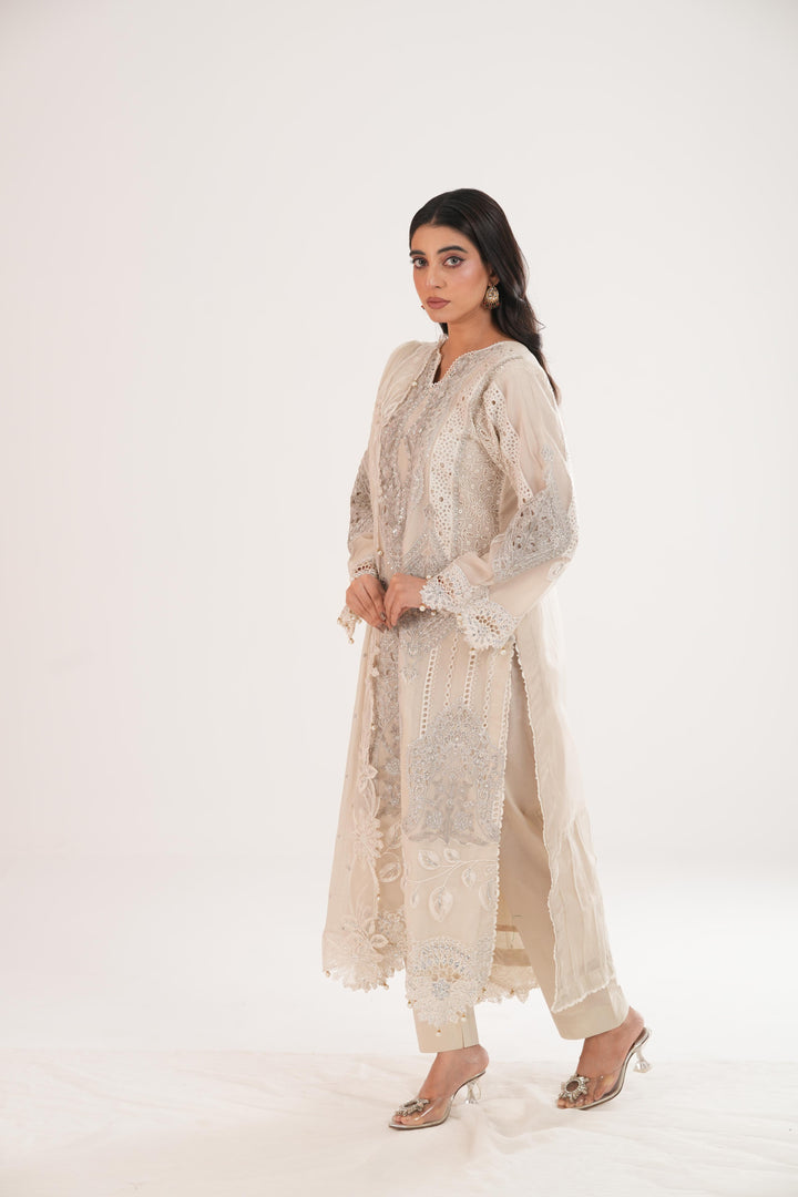 Embroidered Organza Off White Stitched Suit - Maria B