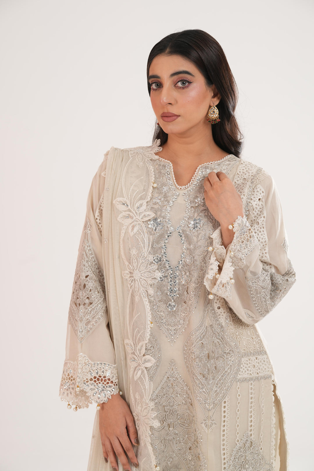 Embroidered Organza Off White Stitched Suit - Maria B