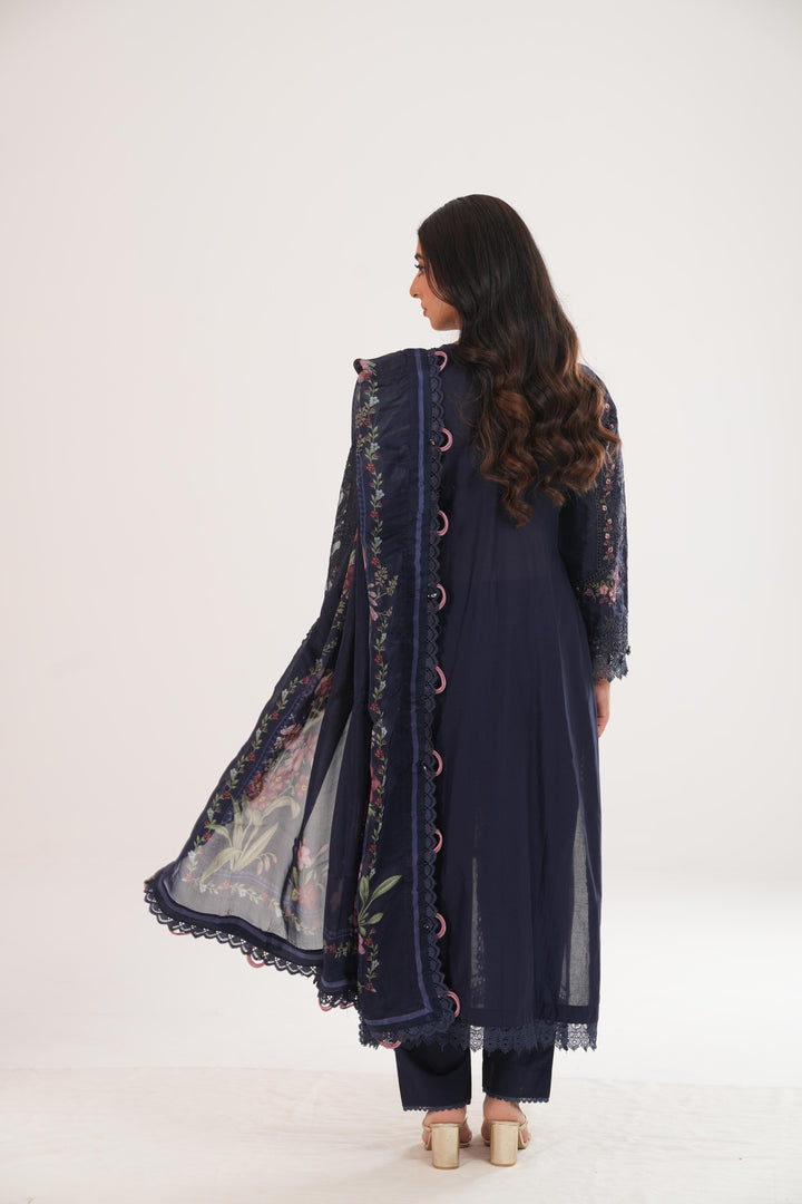 Embroidered Lawn Navy Blue Stitched Suit - Maria B