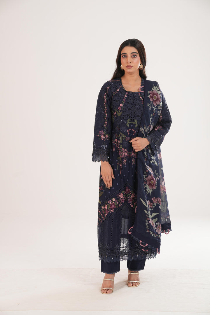 Embroidered Lawn Navy Blue Stitched Suit - Maria B