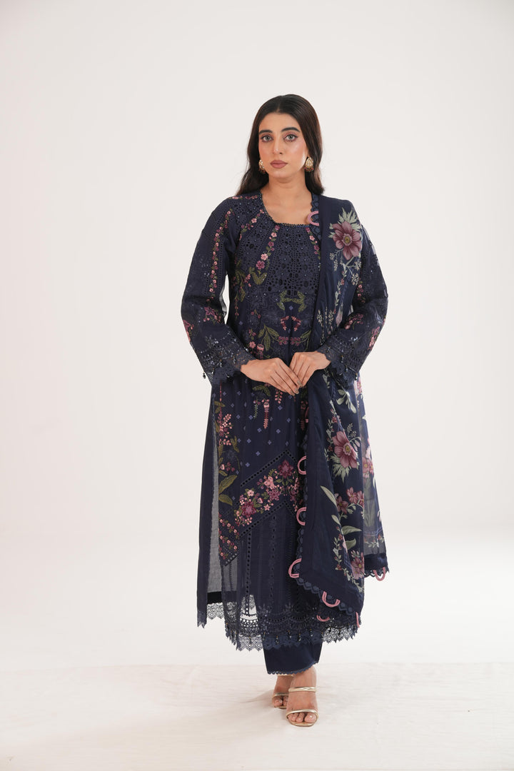 Embroidered Lawn Navy Blue Stitched Suit - Maria B