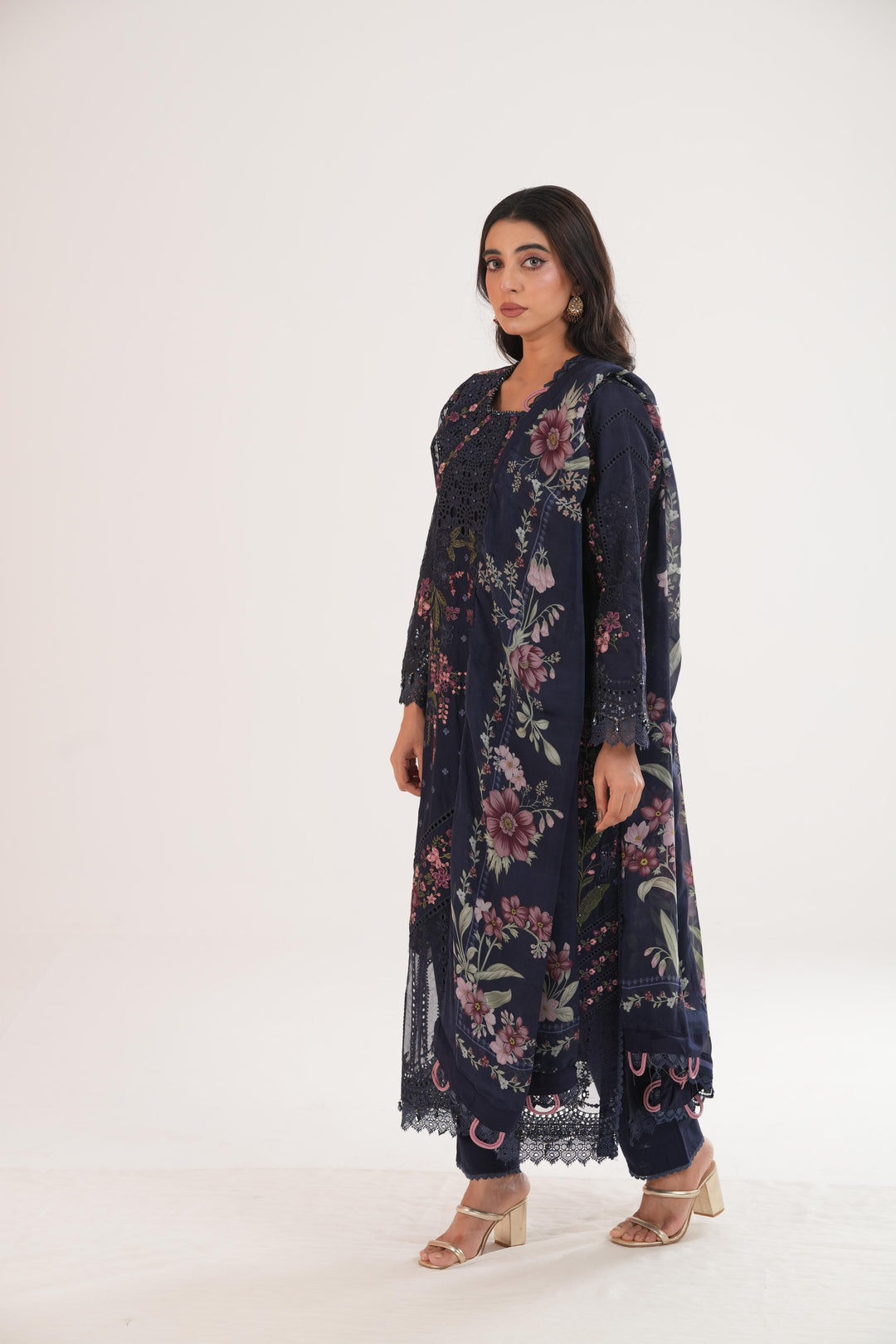 Embroidered Lawn Navy Blue Stitched Suit - Maria B