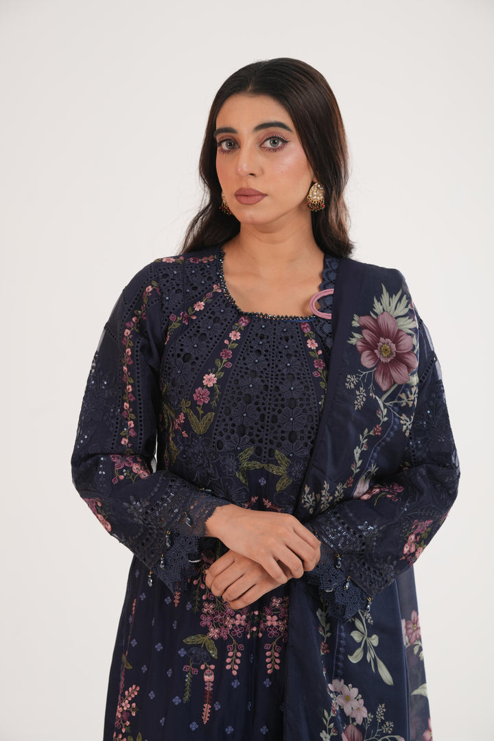 Embroidered Lawn Navy Blue Stitched Suit - Maria B