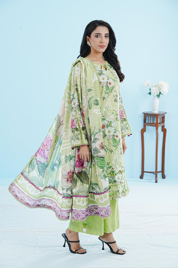 Lawn Parrot Green Stitched Suit - Elaf