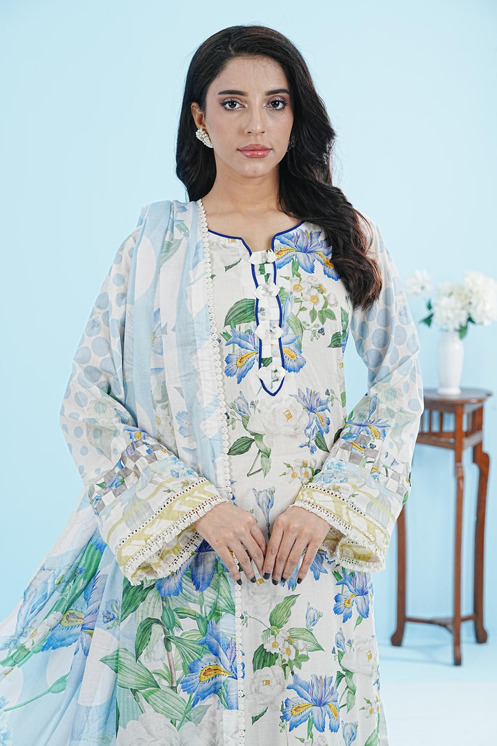 Lawn Off White Stitched Suit - Elaf