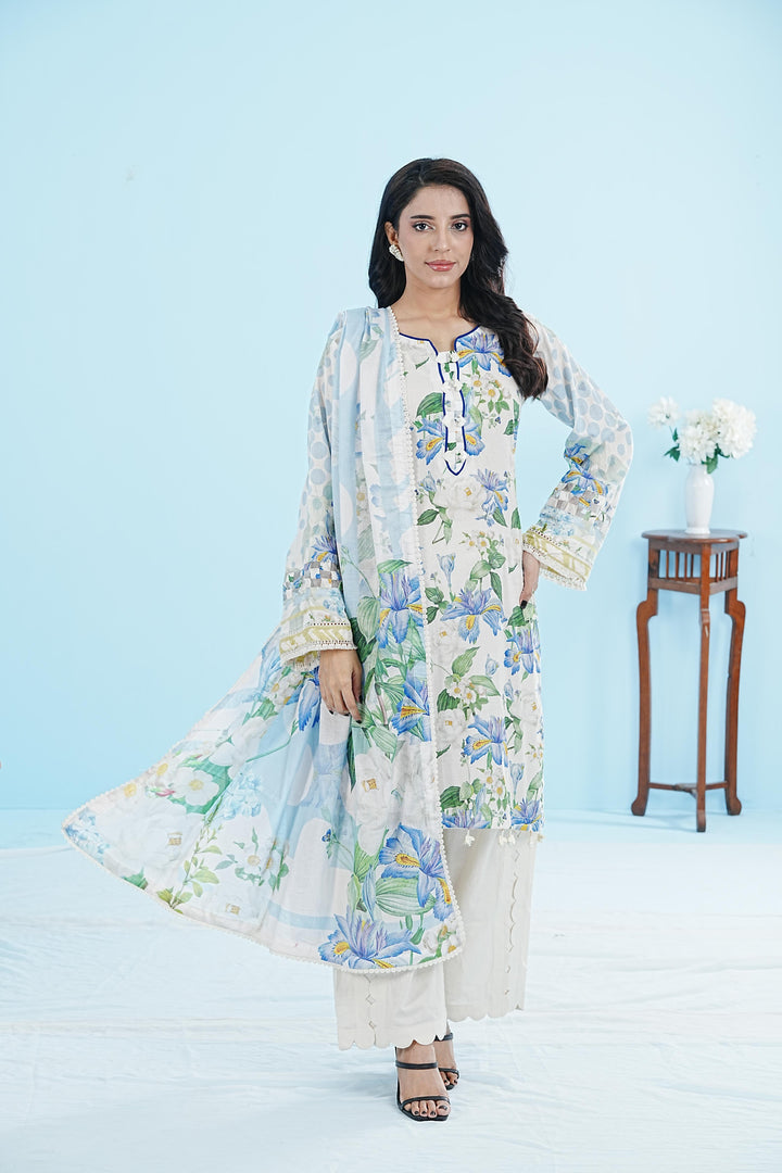 Lawn Off White Stitched Suit - Elaf