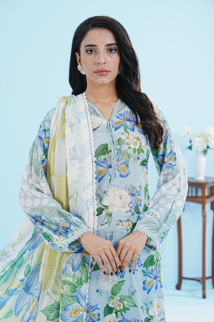 Lawn Sky Blue Stitched Suit - Elaf