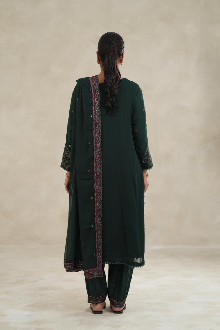 Embroidered Chiffon Bottle Green Stitched Suit - Azure