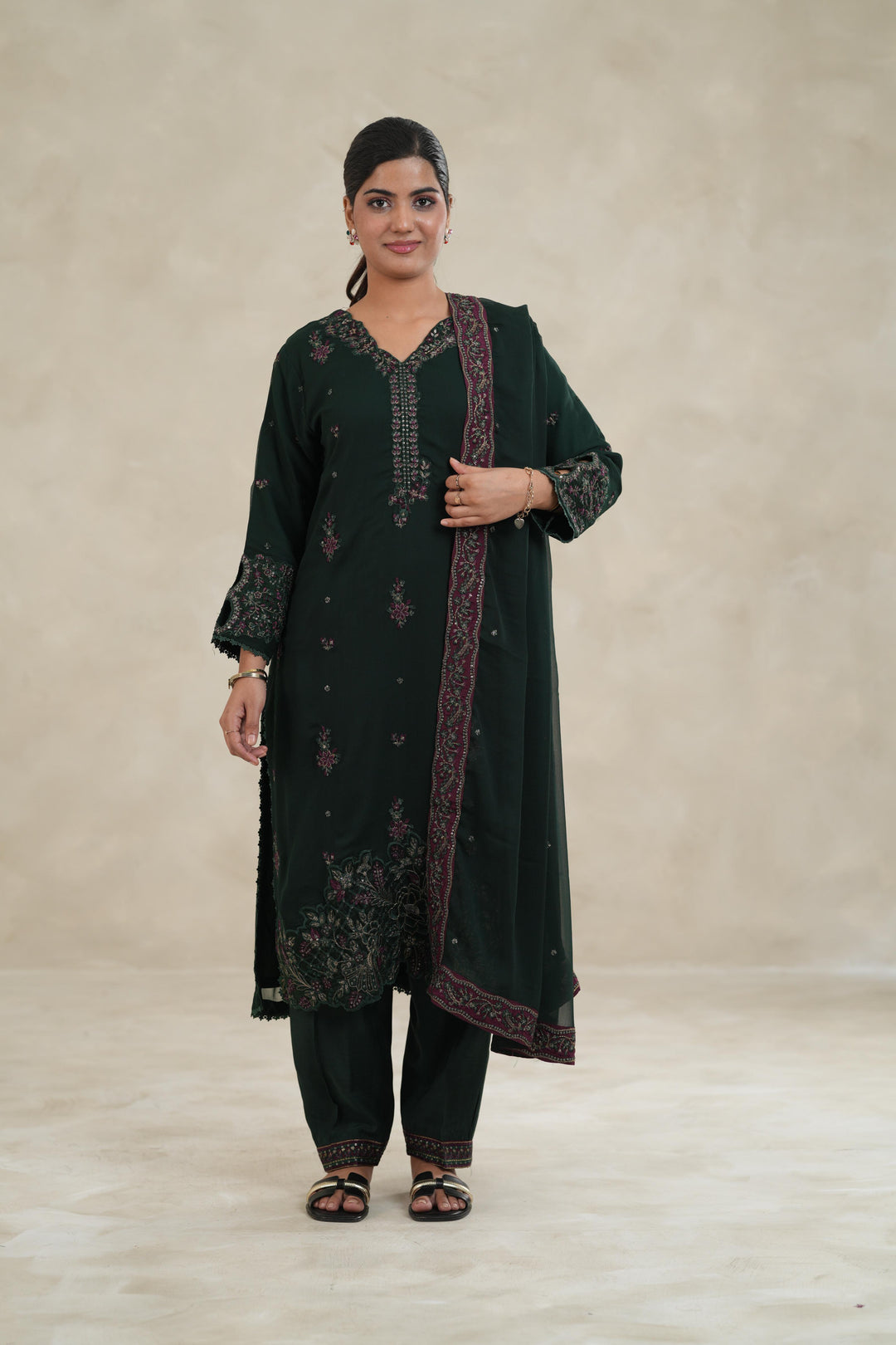 Embroidered Chiffon Bottle Green Stitched Suit - Azure