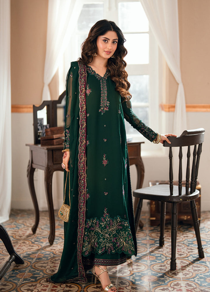 Embroidered Chiffon Bottle Green Stitched Suit - Azure