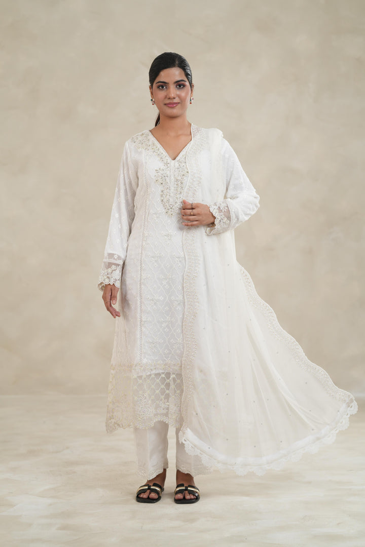 Embroidered Chiffon White Stitched Suit - Azure