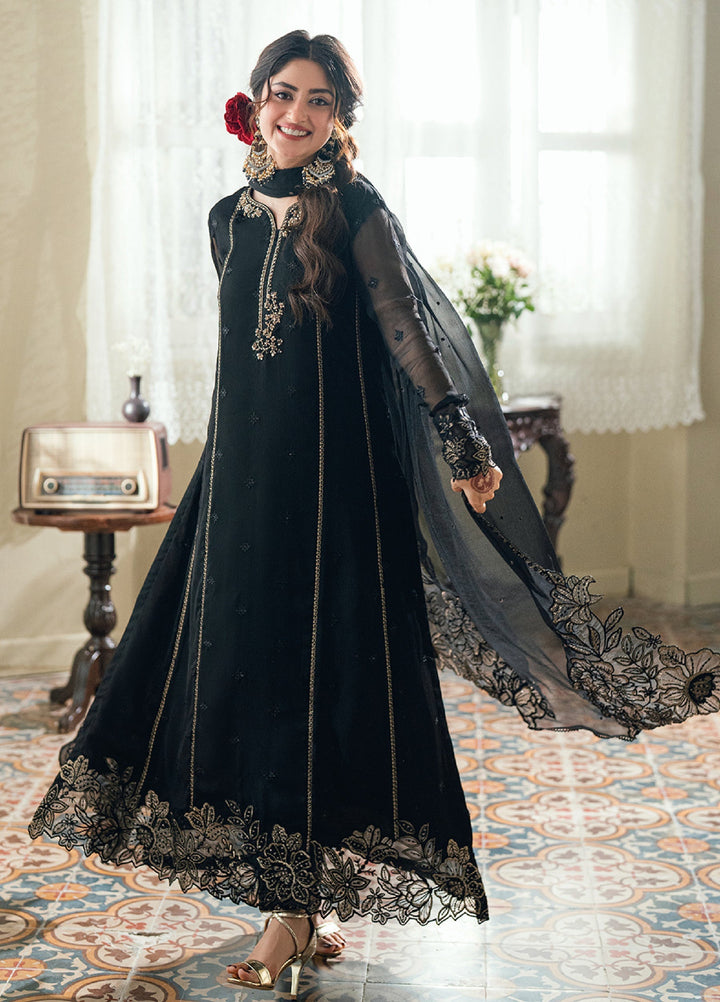 Embroidered Chiffon Black Stitched Suit - Azure