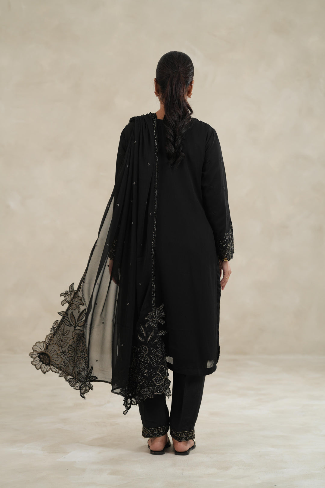 Embroidered Chiffon Black Stitched Suit - Azure