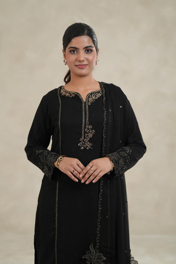 Embroidered Chiffon Black Stitched Suit - Azure
