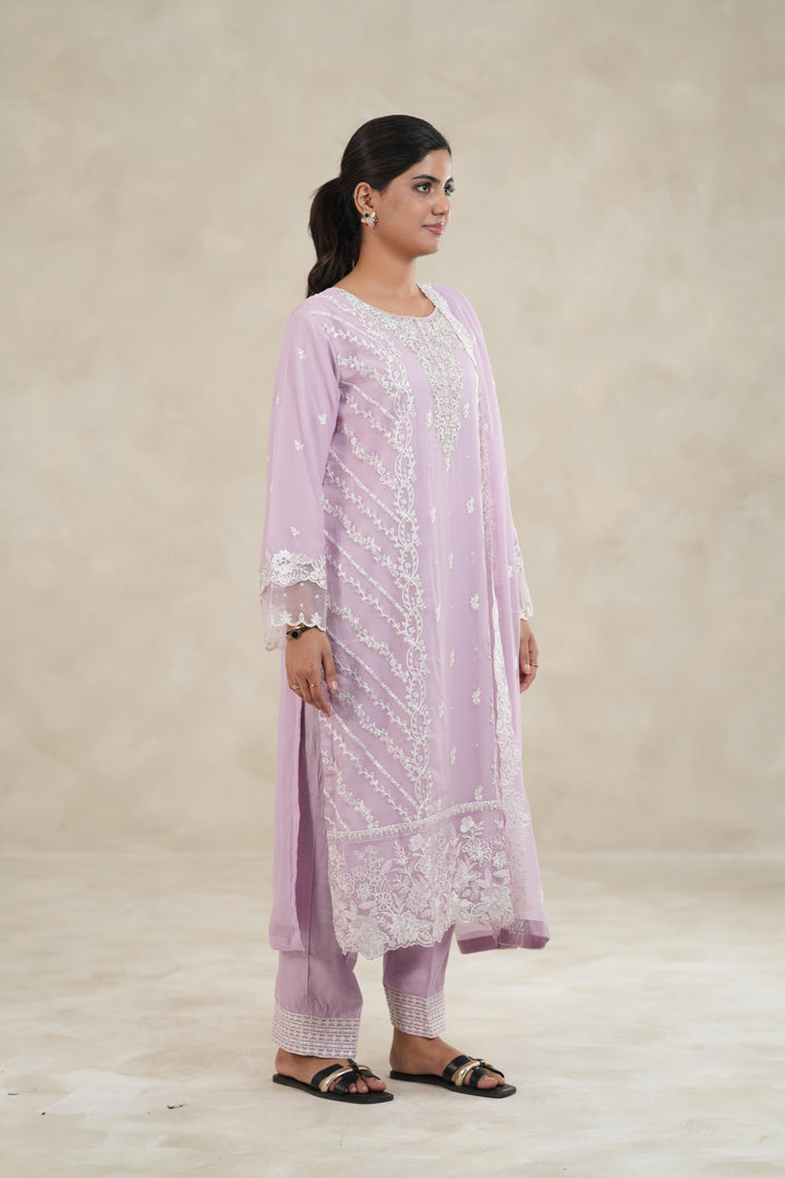 Embroidered Chiffon Lilac Stitched Suit - Azure