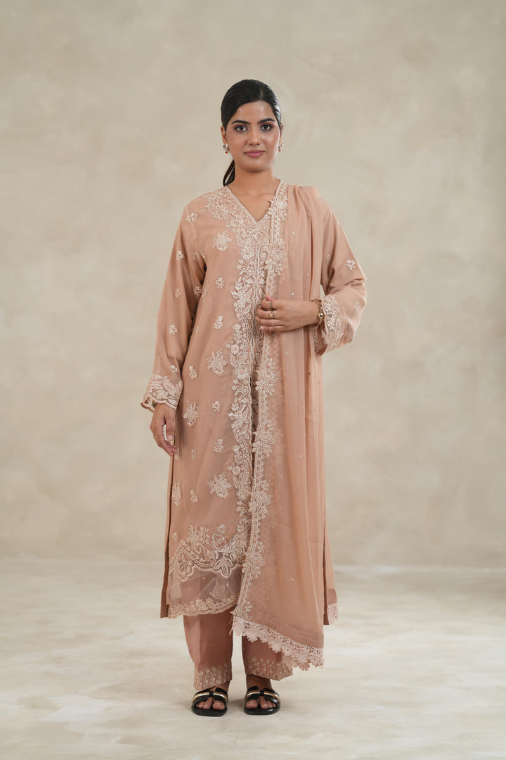 Embroidered Chiffon Tea Pink Stitched Suit - Azure