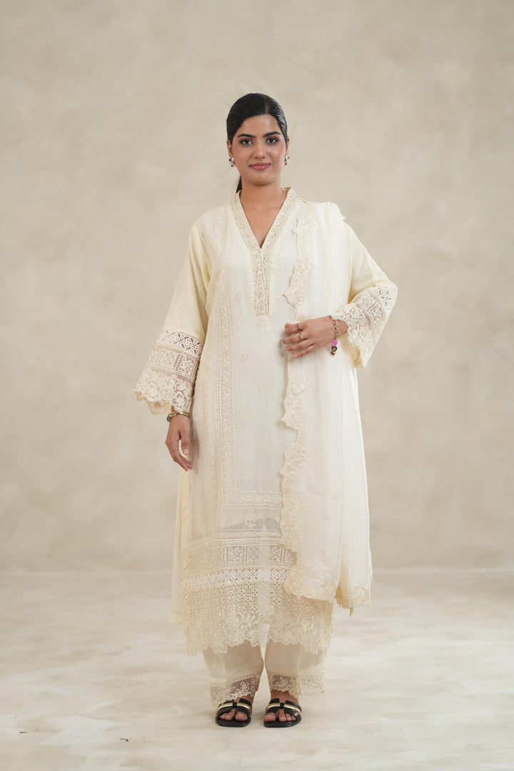 Embroidered Khaddi Net Ivory Stitched Suit - Azure