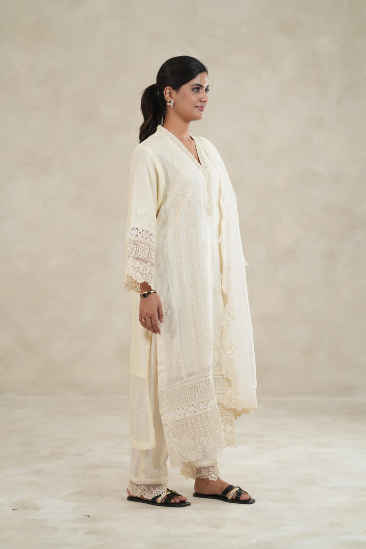Embroidered Khaddi Net Ivory Stitched Suit - Azure