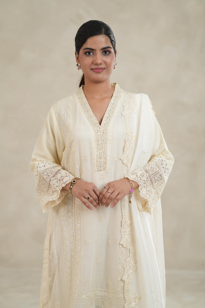 Embroidered Khaddi Net Ivory Stitched Suit - Azure