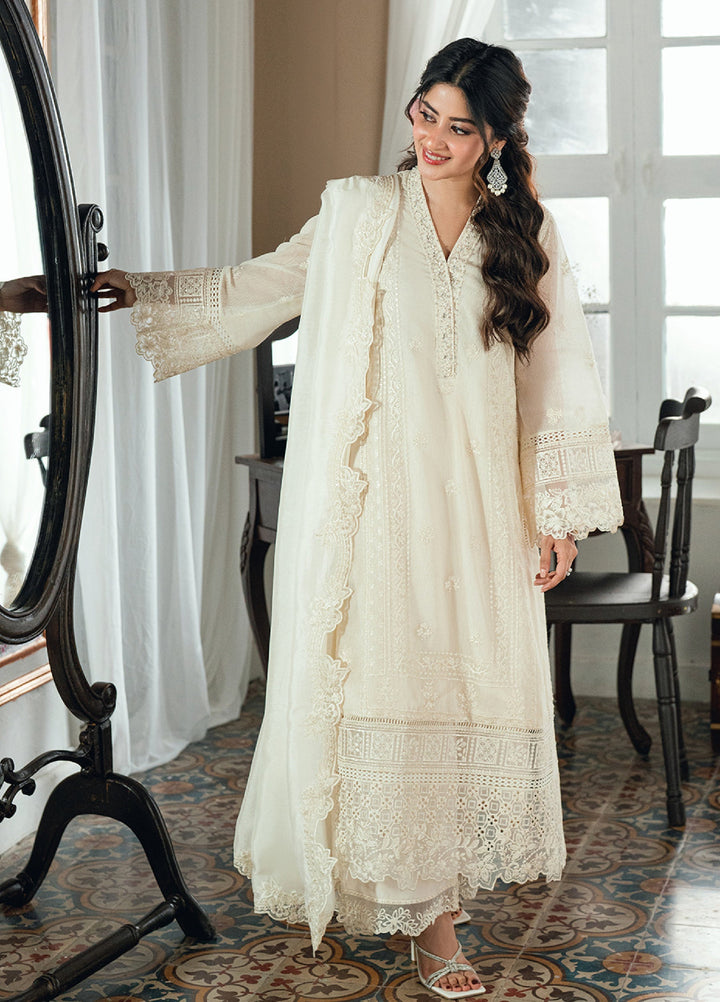 Embroidered Khaddi Net Ivory Stitched Suit - Azure