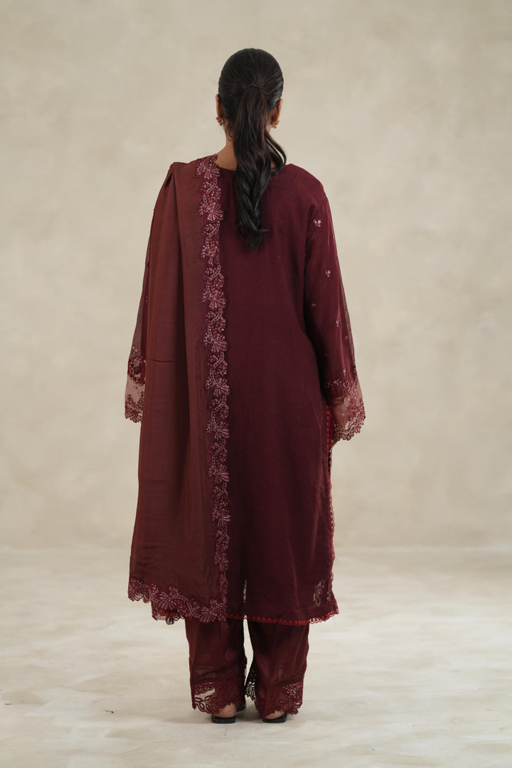 Embroidered Khaddi Net Maroon Stitched Suit - Azure