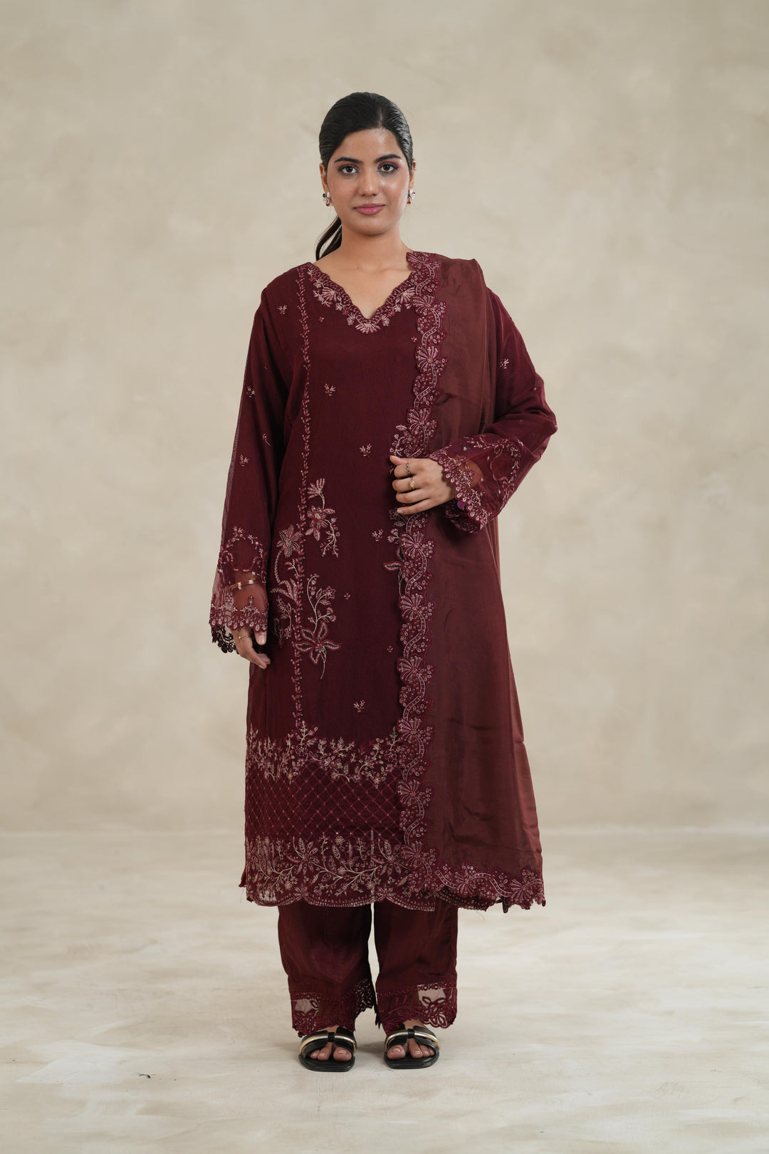 Embroidered Khaddi Net Maroon Stitched Suit - Azure
