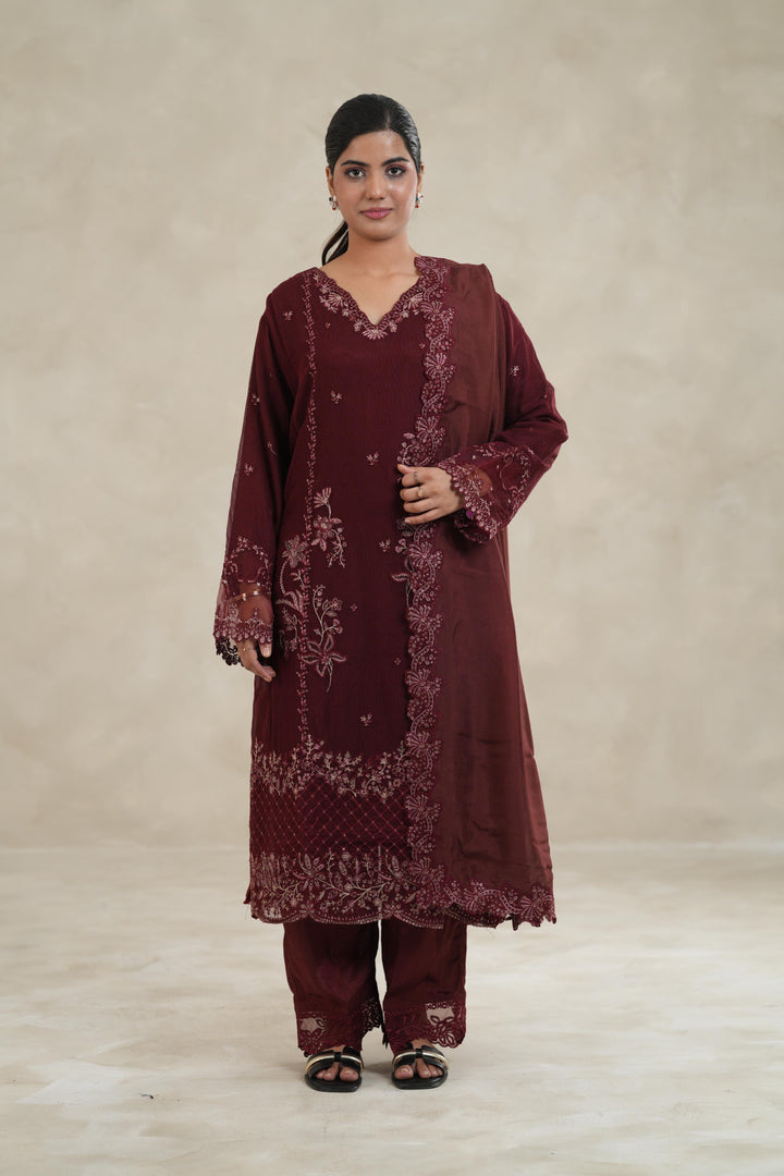 Embroidered Khaddi Net Maroon Stitched Suit - Azure