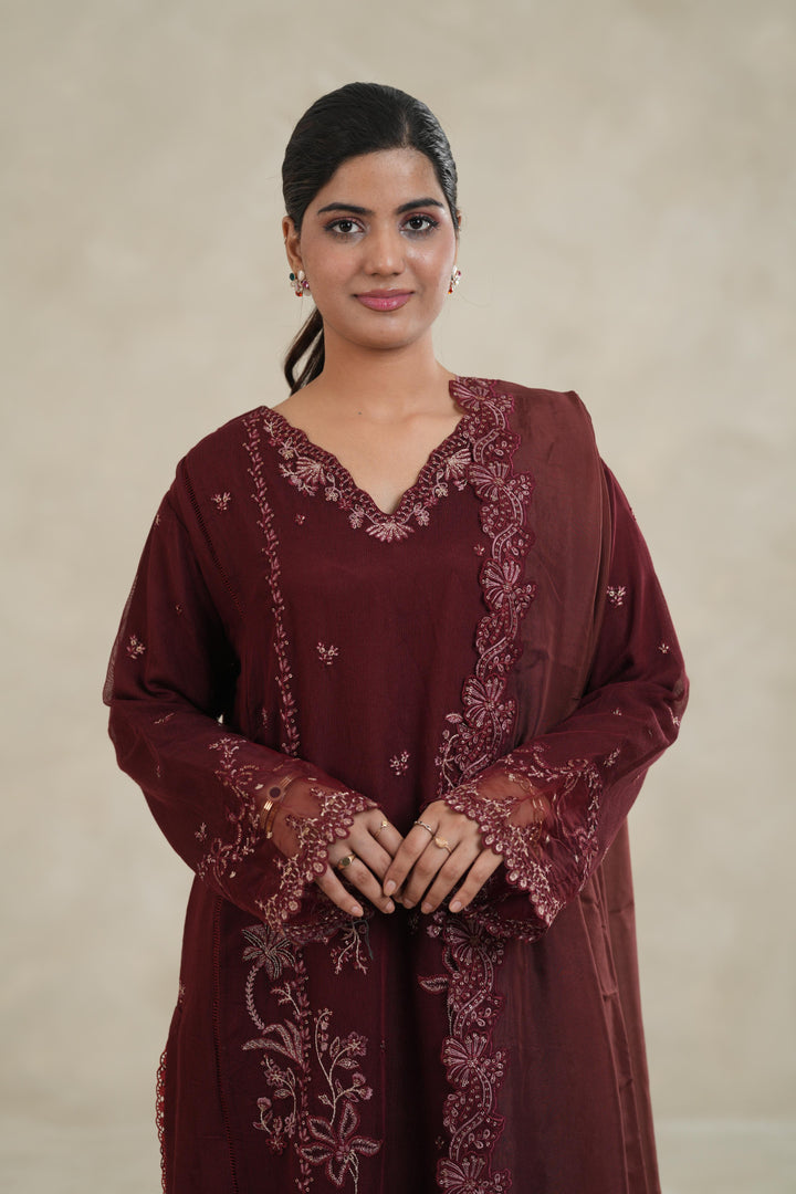 Embroidered Khaddi Net Maroon Stitched Suit - Azure