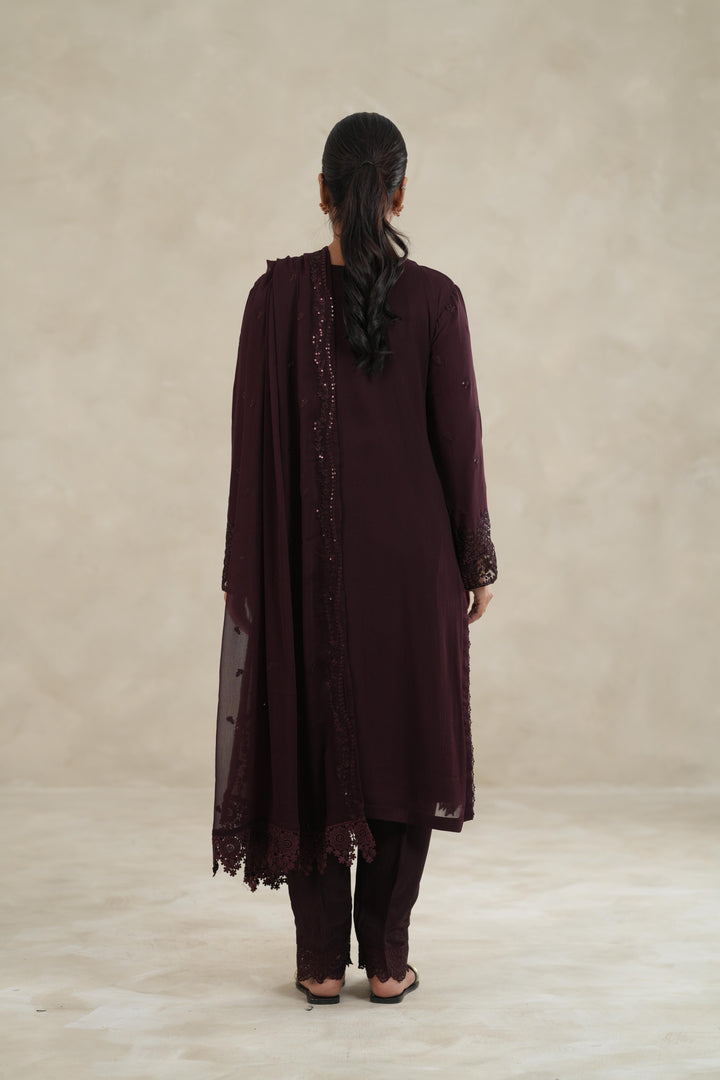 Embroidered Chiffon Burgundy Stitched Suit - Azure