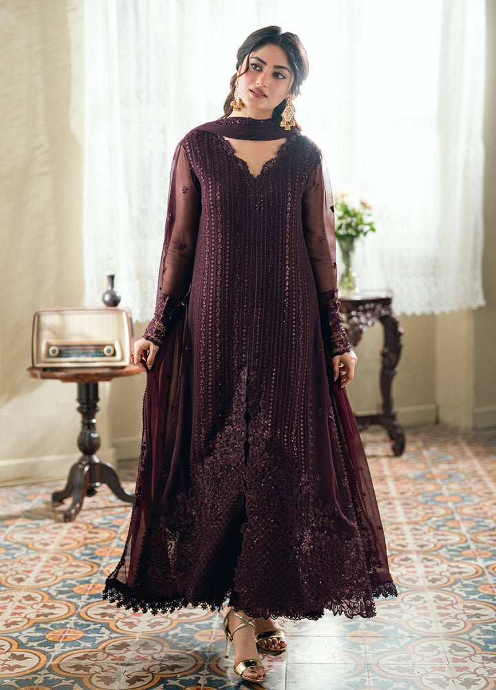 Embroidered Chiffon Burgundy Stitched Suit - Azure