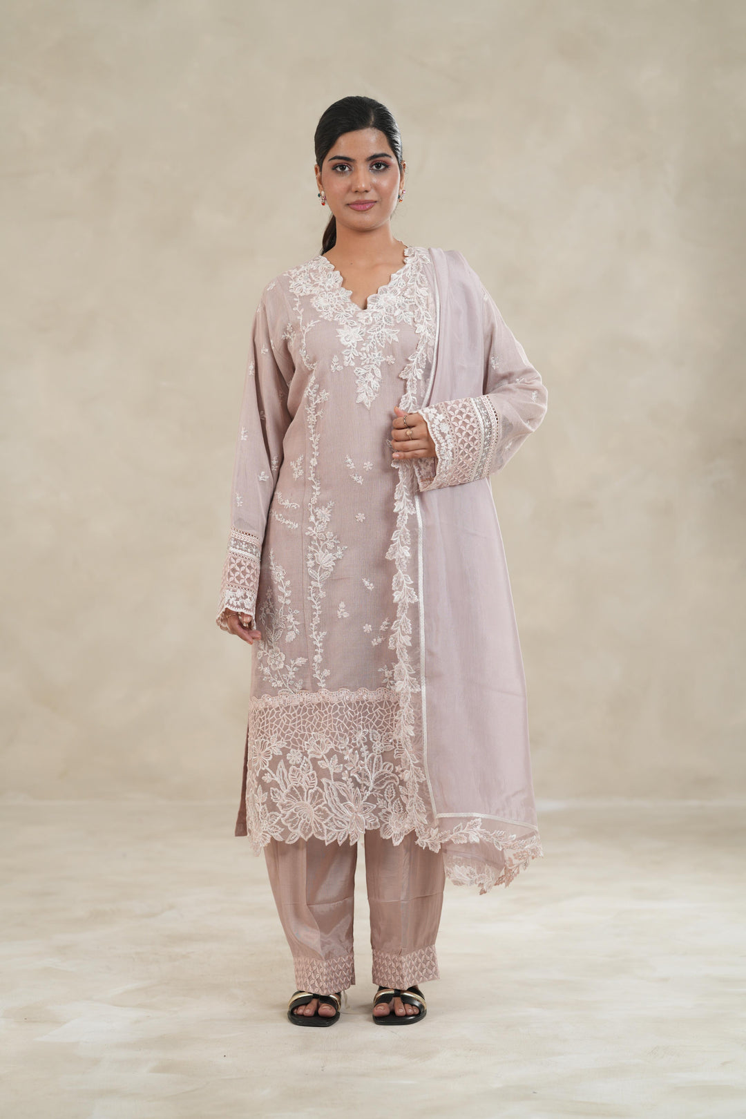 Embroidered Khaddi Net Pink Stitched Suit - Azure