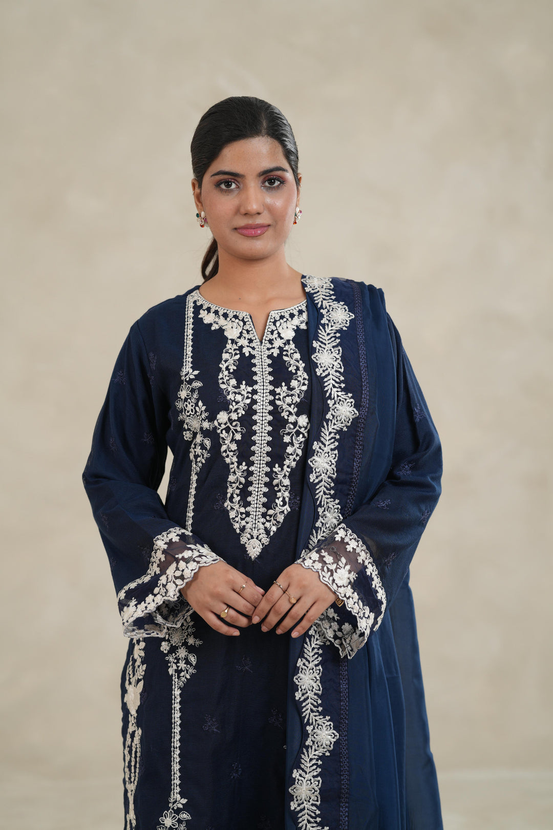 Embroidered Khaddi Net Navy Blue Stitched Suit - Azure