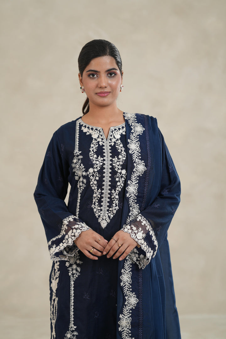 Embroidered Khaddi Net Navy Blue Stitched Suit - Azure