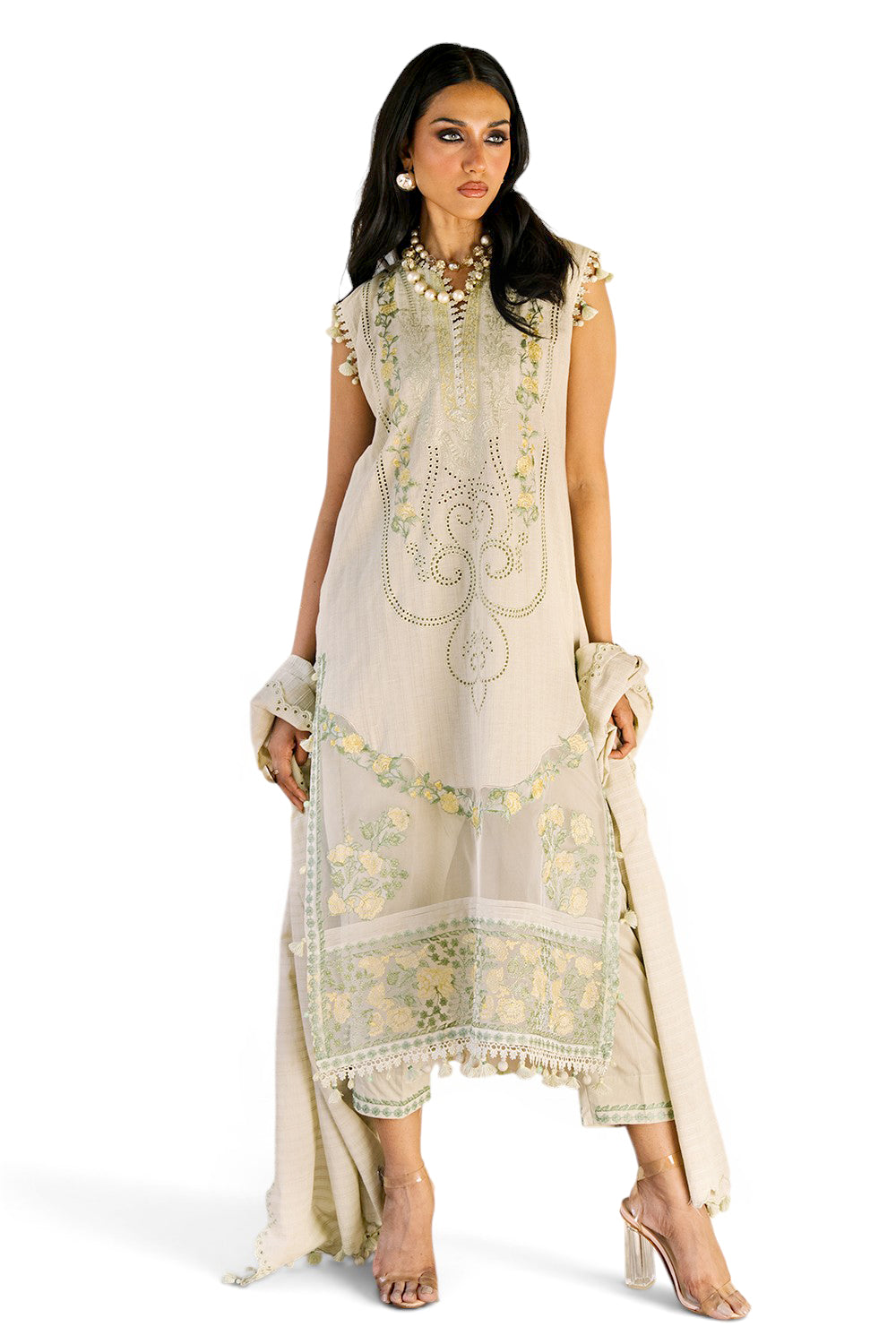 Embroidered Zari Stripe Green Stitched Suit - Gul Ahmed