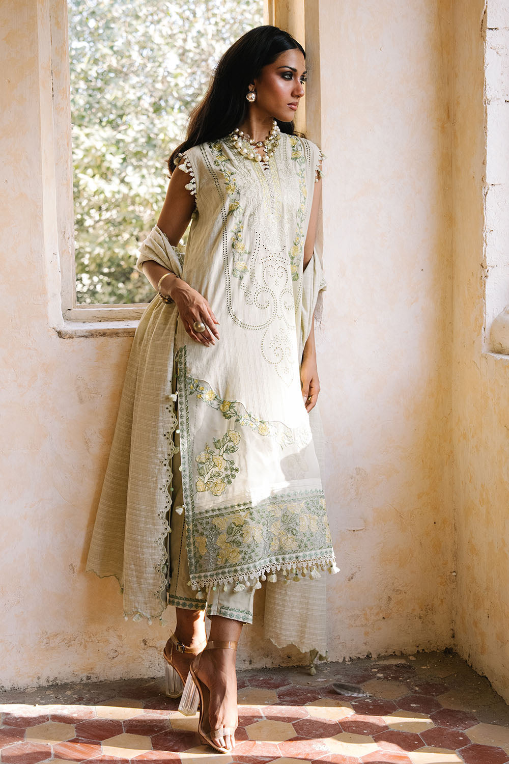 Embroidered Zari Stripe Green Stitched Suit - Gul Ahmed