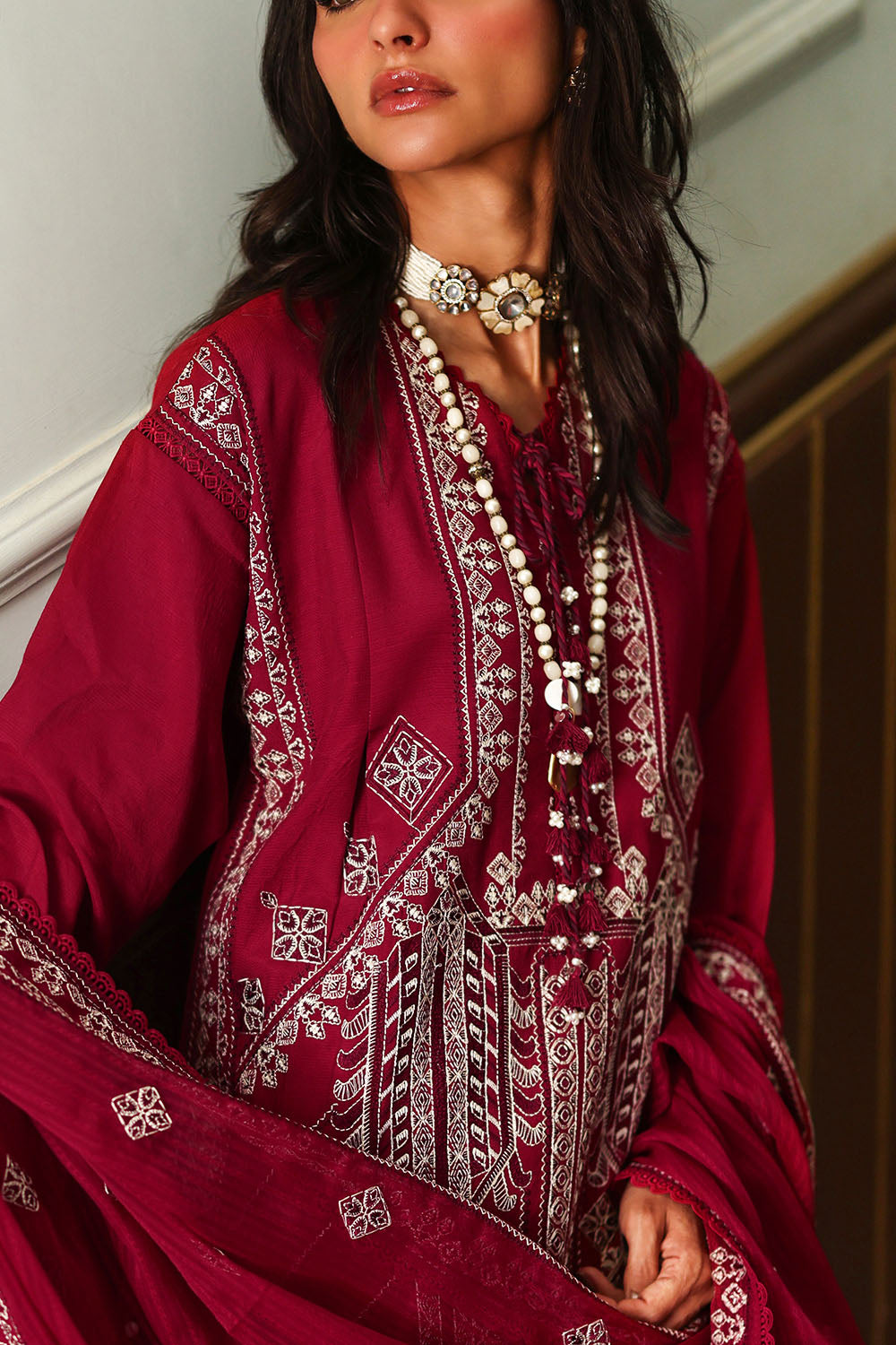 Embroidered Raw Silk Red Stitched Suit - Gul Ahmed