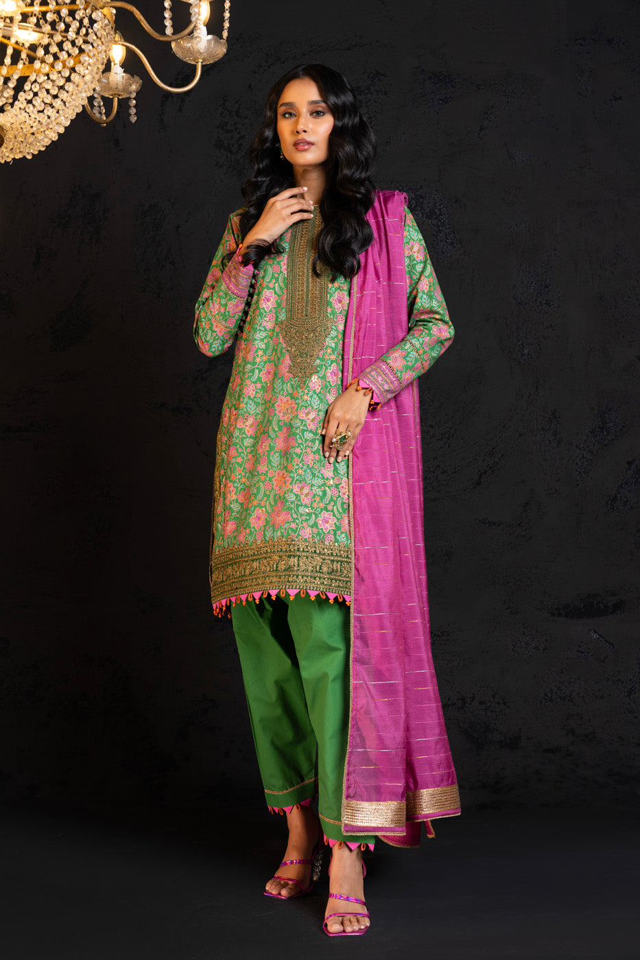 Dobby Lawn Green Unstitched Suit - Alkaram