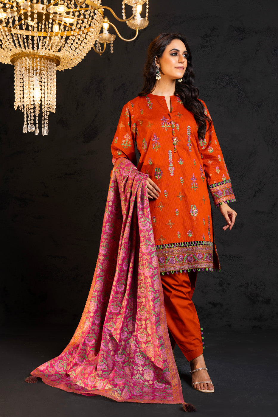 Dobby Lawn Orange Unstitched Suit - Alkaram