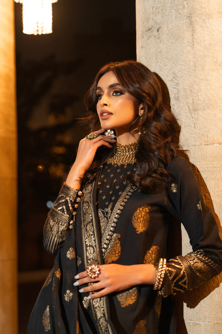 Embroidered Jacquard Black 3 Piece Suit - Al Karam