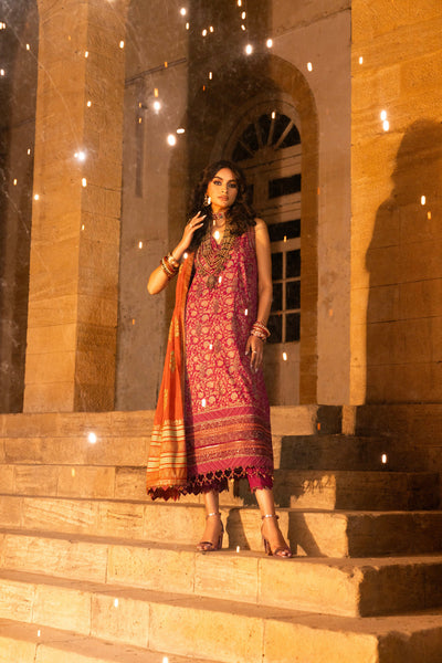 Embroidered Cambric Red 3 Piece Suit - Al Karam