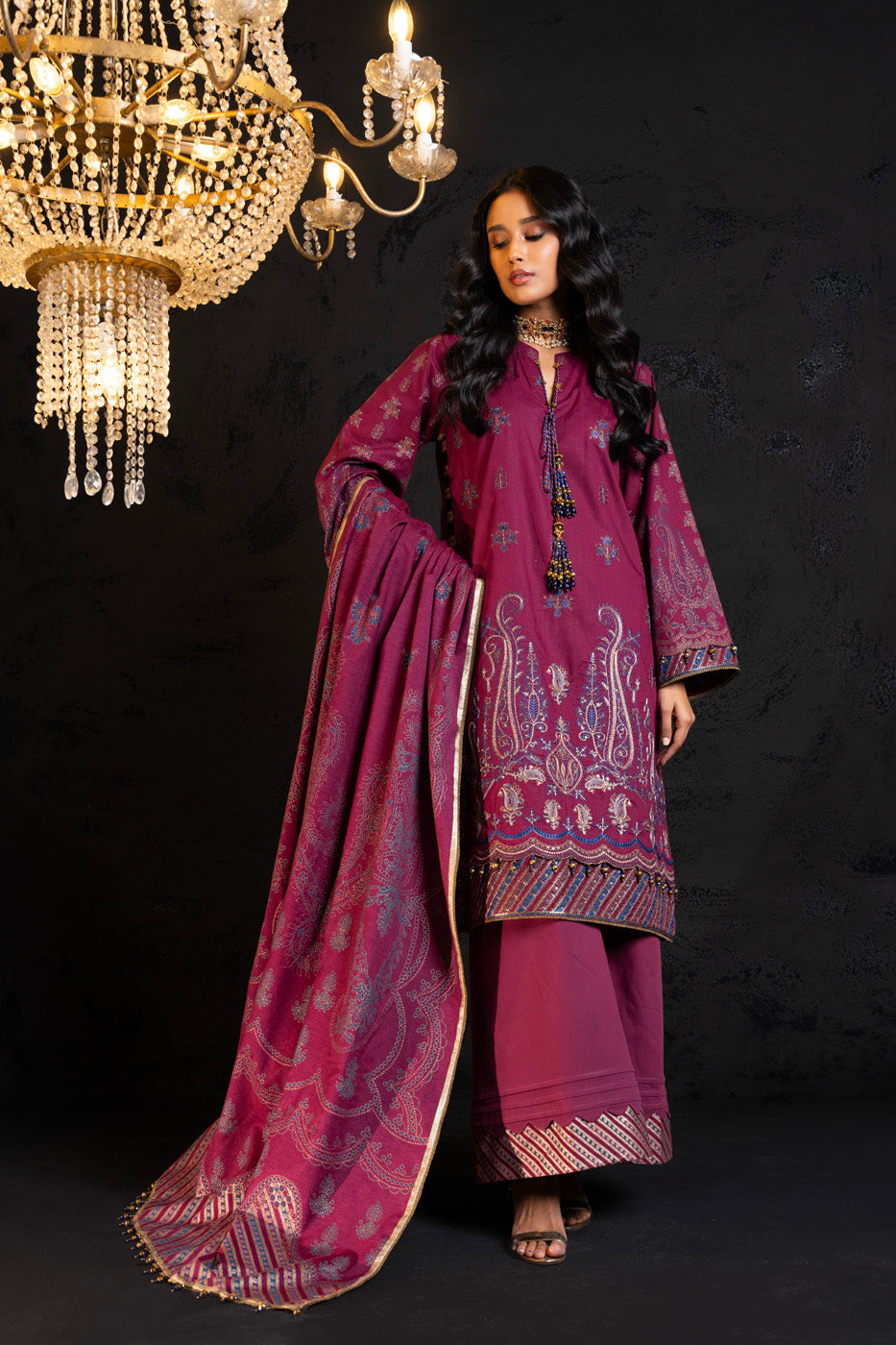 Embroidered Cambric Plum 3 Piece Suit - Al Karam