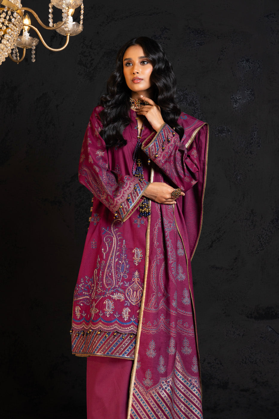 Embroidered Cambric Plum 3 Piece Suit - Al Karam