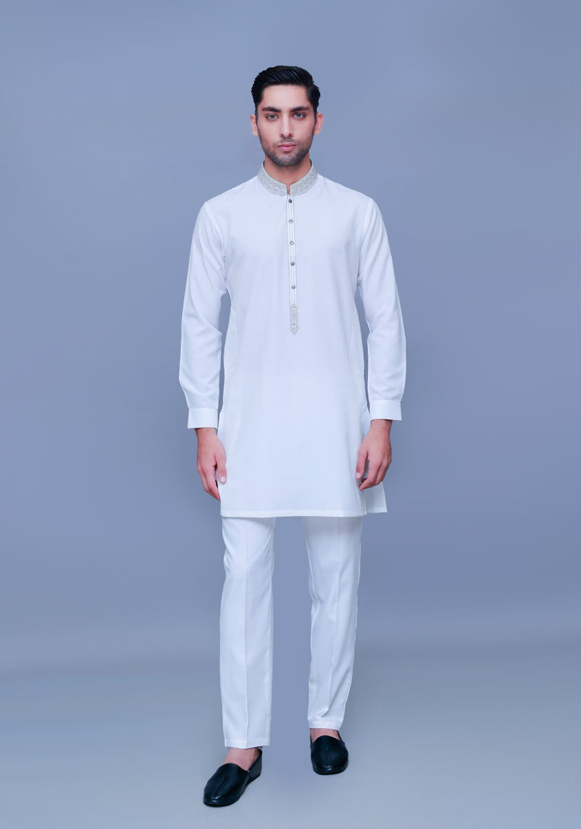 Basic Cotton Silk Cloud Dancer Slim Fit Embroidered Suit - Amir Adnan
