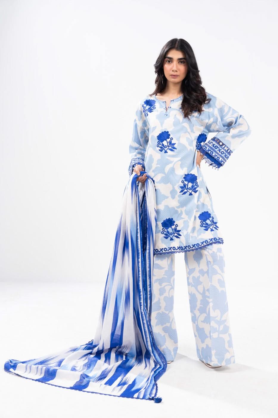 Embroidered Printed Khaddar Light Blue Unstitched Suit - Alkaram