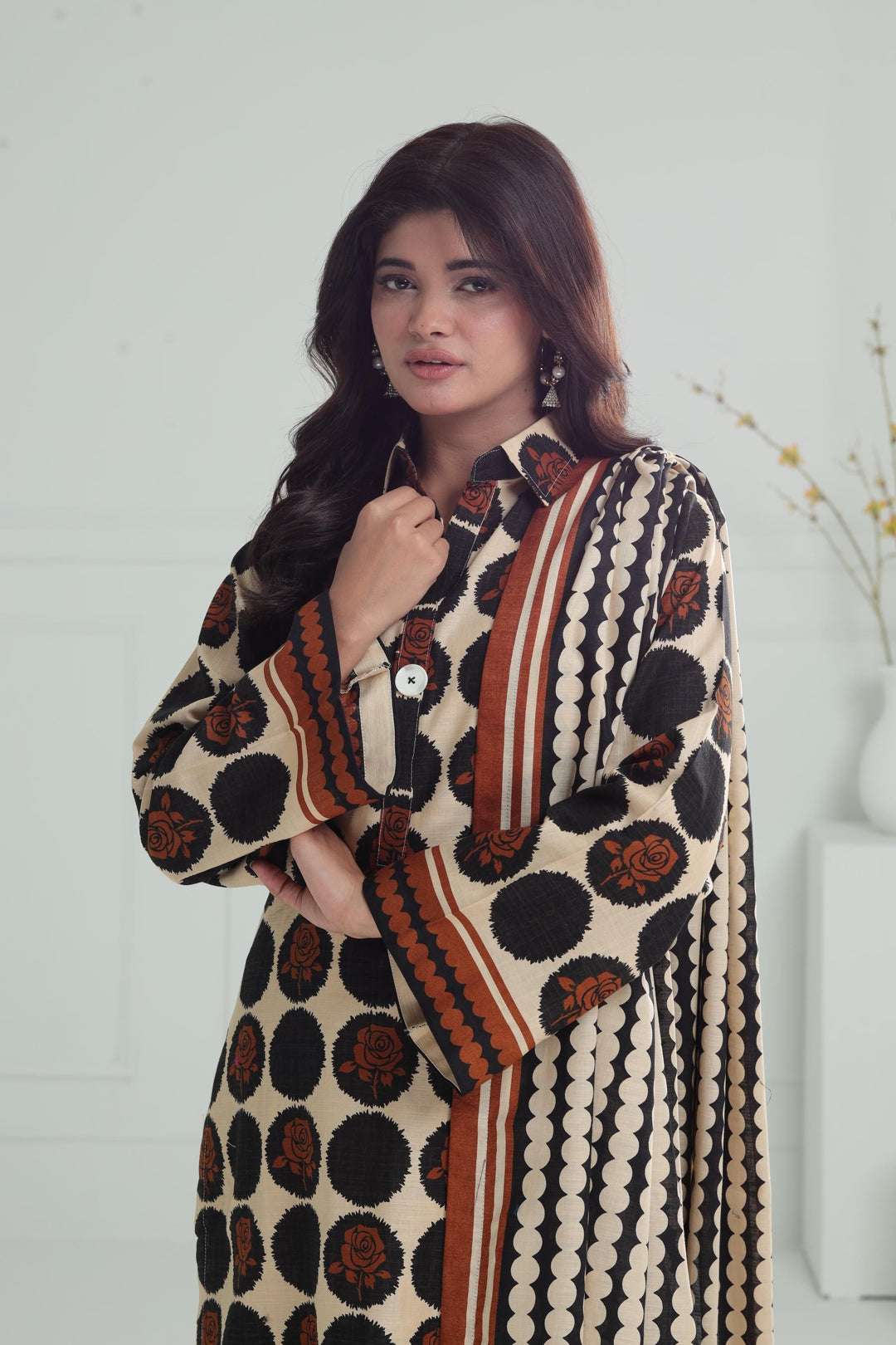 Printed Khaddar Beige Stitched Suit - Alkaram
